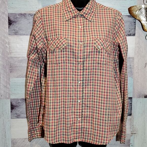 Wrancher Sz L Ladies Multi-color Plaid Pearl Snap Western Blouse Shirt Muted - Picture 3 of 8